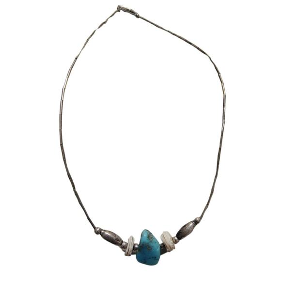 1970s Sterling Silver Liquid + Shell Beads + Turquoise Stone Necklace [Vintage] - Picture 2 of 5